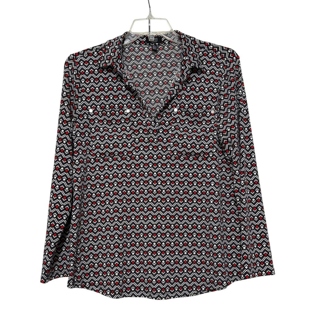 Jones New York Geometric Print Long Sleeve Blouse Top, Size M